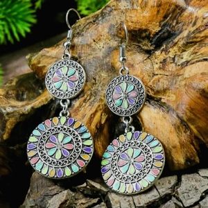 NEW Boho Tibetin Silver 2 Medallions Multicolored Dangle Drop Earrings